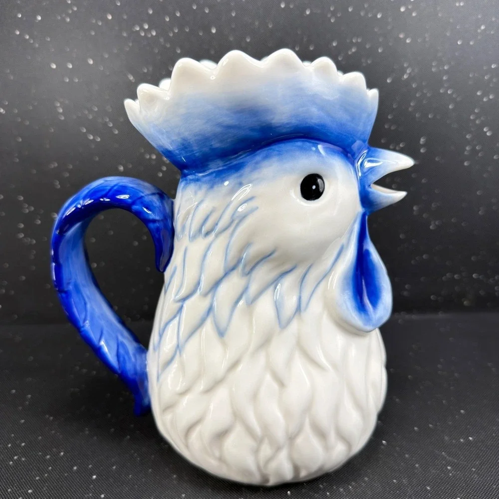 Cosmos Blue and White Ceramic Rooster Pitcher Jug Farmhouse Decor 7.5 Inch